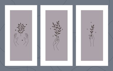 Floral flyers template. Modern banners or bookmarks with outline hands holding branches. Contemporary minimalist design vector illustration