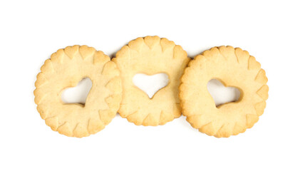 Group of tasty cookies isolated on white background. Heart shaped hole in middle of biscuit