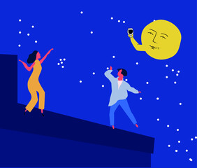 Colorful vector illustration in flat cartoon style.dancing on roof night. alcohol. beer. fun. girl's party, the moon is funny, music is summer