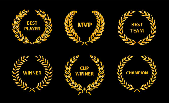 Sport Awards and best nominee gold award wreaths on dark background.
