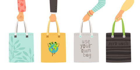 Zero waste bags. Arms holding own reusable bag poster, hand drawn durable items without plastic isolated on white background - obrazy, fototapety, plakaty
