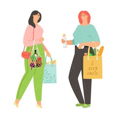 Zero waste life style. Cartoon women with natural eco products in linen bag and a string bag, shopping with zero pollution, concept healthy lifestyle isolated on white background