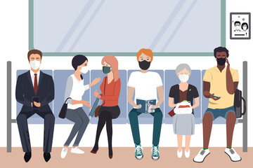 People wearing protective medical masks sitting in subway. COVID-19 virus prevention, people social distancing for infection risk. Vector illustration