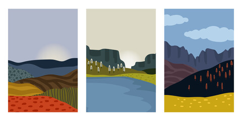 Autumn landscapes cards. Relaxing nature of lakes and mountains, cartoon landscape composition for family outdoor resting on weekend, minimalistic decorative october nature drawings