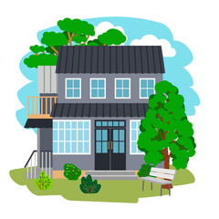 Summer cottage house. Cartoon modern beautiful housing for holiday among trees with green foliage, vector illustration of relax nature isolated on white background
