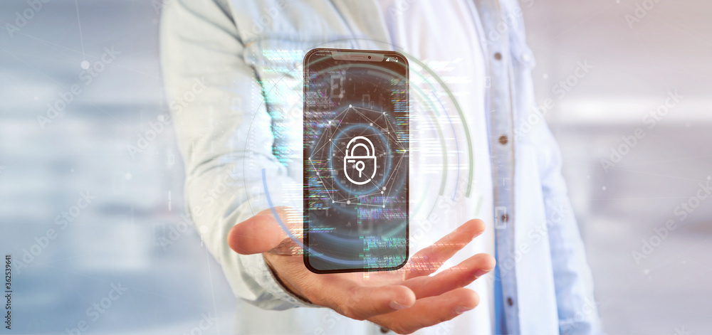 Poster businessman holding security data and smartphone security - 3d rendering