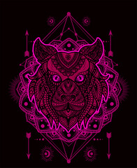 Fototapeta premium Tiger head floral tribal style with mandala pattern in black background-vector retro illustration.