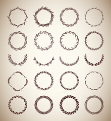 Collection of different vintage silhouette circular laurel foliate, wheat and oak wreaths depicting an award, achievement, heraldry, nobility. Vector illustration.
