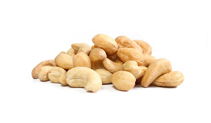 Pile of delicious brown Cashew nuts isolated on white background.