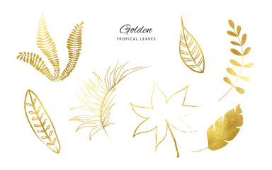 Set of Golden tropical leaves.Decoration elements for your design.Vector illustration