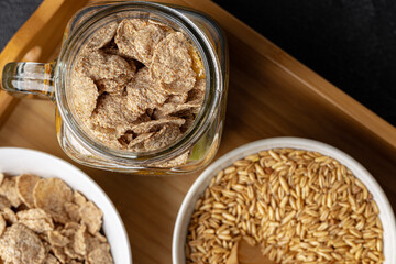 Healthy food: porridge with fruit on the table.