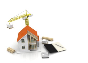 House 3d rendering illustration with open interior on top. Blueprints, documents, crane and mortgage calculations.