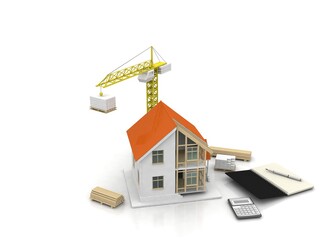 House 3d rendering illustration with open interior on top. Blueprints, documents, crane and mortgage calculations.