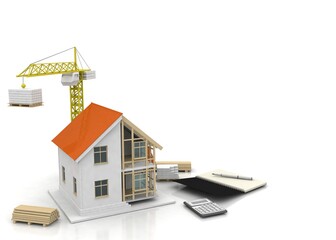 House 3d rendering illustration with open interior on top. Blueprints, documents, crane and mortgage calculations.