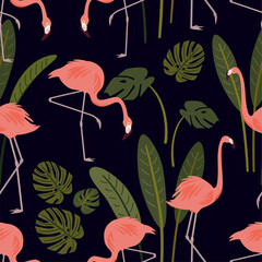 Obraz premium Summer pattern with exotic flamingo birds and tropical leaves. Vector seamless texture.