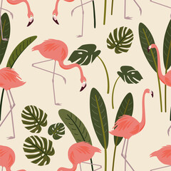 Summer pattern with exotic flamingo birds and tropical leaves. Vector seamless texture. © Tayisiya