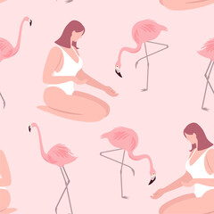 Summer pattern with flamingos and girls in swimsuits. Vector seamless texture