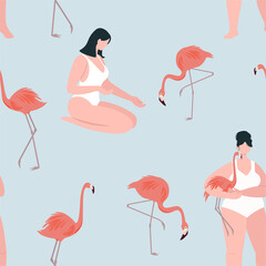 Summer pattern with people and flamingos. Vector seamless texture