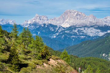 Fototapeta na wymiar Panorama of the Alpes at the Falcade in Dolomites, Trentino Alto Adige. Italy