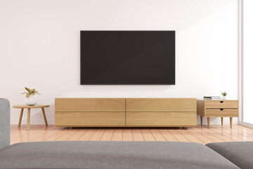 3D rendering of modern living room with TV screen.