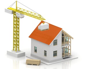 House 3d rendering illustration with open interior on top. Blueprints, documents, crane and mortgage calculations.