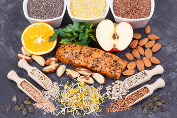 Beneficial eating for thyroid gland. Healthy ingredients as source vitamins and minerals