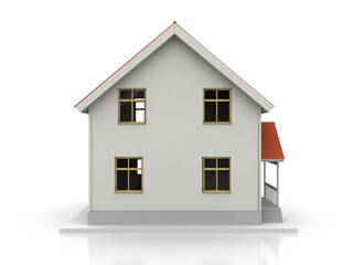 House 3d rendering illustration with open interior on top. Blueprints, documents, crane and mortgage calculations.