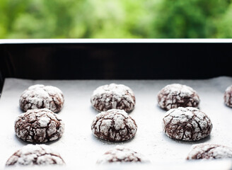 Homemade chocolate cookies with powdered sugar on baking tray. Close-up.