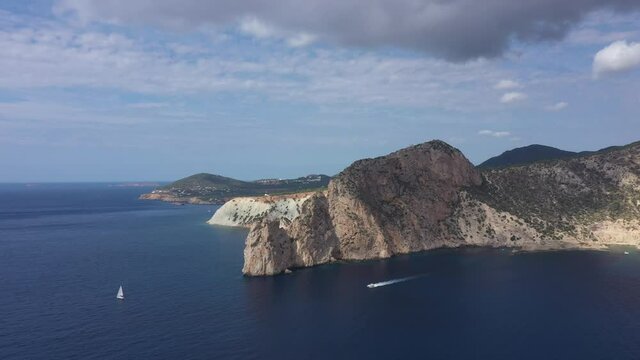 Aerial view of the rocky coast of Ibiza island, Spain, Balearic islands
