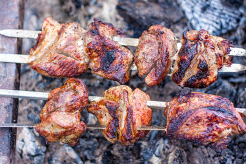 Cooking a barbecue on the fire. Traditional Caucasian kebab on a skewer, cooking meat on skewers. Shish kebab roasting on the grill.