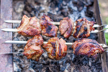 Cooking a barbecue on the fire. Traditional Caucasian kebab on a skewer, cooking meat on skewers. Shish kebab roasting on the grill.