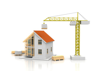 House 3d rendering illustration with open interior on top. Blueprints, documents, crane and mortgage calculations.