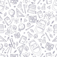 Back to school seamless pattern. Different study supplies vector. Background for paper, wallpaper, web banner template. Doodle illustration.