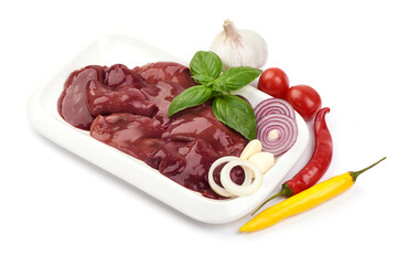 Raw Chicken livers, Fresh offal, close-up, isolated on white background