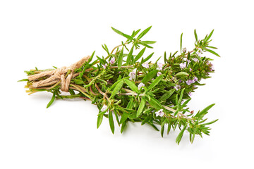 Fresh thyme sprigs, spice, close-up, isolated on white background