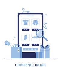 Phone with an online store site. Catalog of clothes. Shop with clothing. Product search on the page. Purchases through internet. Sale of orders from home. E-commerce marketing. Blue. Eps 10