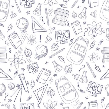 Back to school seamless pattern. Different study supplies vector. Background for paper, wallpaper, web banner template. Doodle illustration.