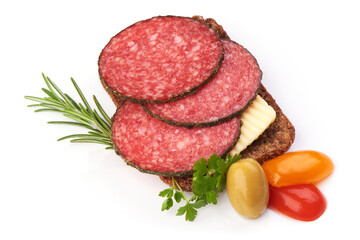 Sandwich. Tasty appetizer of thinly sliced spicy salami, isolated on a white background. Close-up