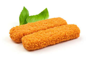 Crispy fish fingers isolated on white background.