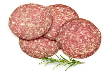 Thinly Sliced Smoked Salami with rosemary, top view, isolated on a white background