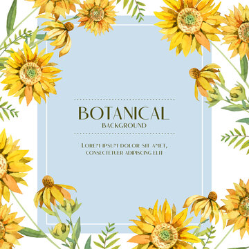 Water color yellow sunflower botanical bouquet on corner design, blue and white background illustration vector. Suitable for wedding and various design elements. 