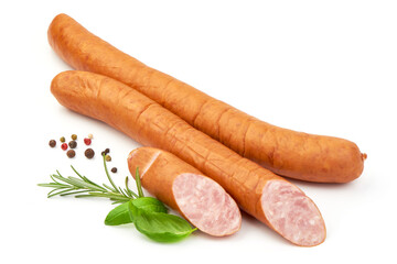 Turkey Smoked Sausage with herbs and peppercorns, close-up, isolated on a white background
