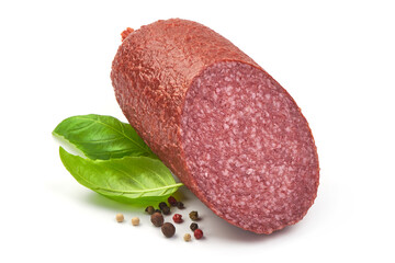 Tasty Salami Sausage with basil and peppercorns, close-up, isolated on a white background