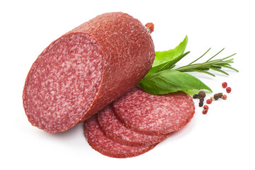 Salami smoked sausage with basil and peppercorns, close-up, isolated on white background