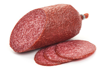 Beef Salami Sausage with slices, close-up, isolated on a white background