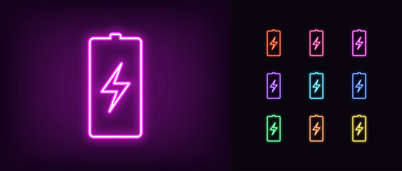 Neon battery icon. Neon charge battery sign with lightning - obrazy, fototapety, plakaty