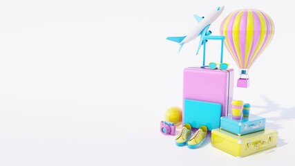 Traveling 3d rendering background. Trip concept. Tourist luggage. Traveler bag. Modern pastel color. Plain fly. Vocation. Summer holiday. Voyage. Adventure.