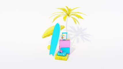 Traveling 3d rendering background. Trip concept. Tourist luggage. Traveler bag. Modern pastel color. Plain fly. Vocation. Summer holiday. Voyage. Adventure.
