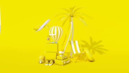 Traveling 3d rendering background. Trip concept. Tourist luggage. Traveler bag. Modern pastel color. Plain fly. Vocation. Summer holiday. Voyage. Adventure.