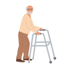 Grandpa standing with paddle walker. Retired elderly senior age man disabled and walking with assistance. Flat vector illustration on white background.